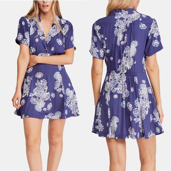 Free People Dresses & Skirts - Free People Blue Hawaii washed blue floral print shirt sleeve mini dress